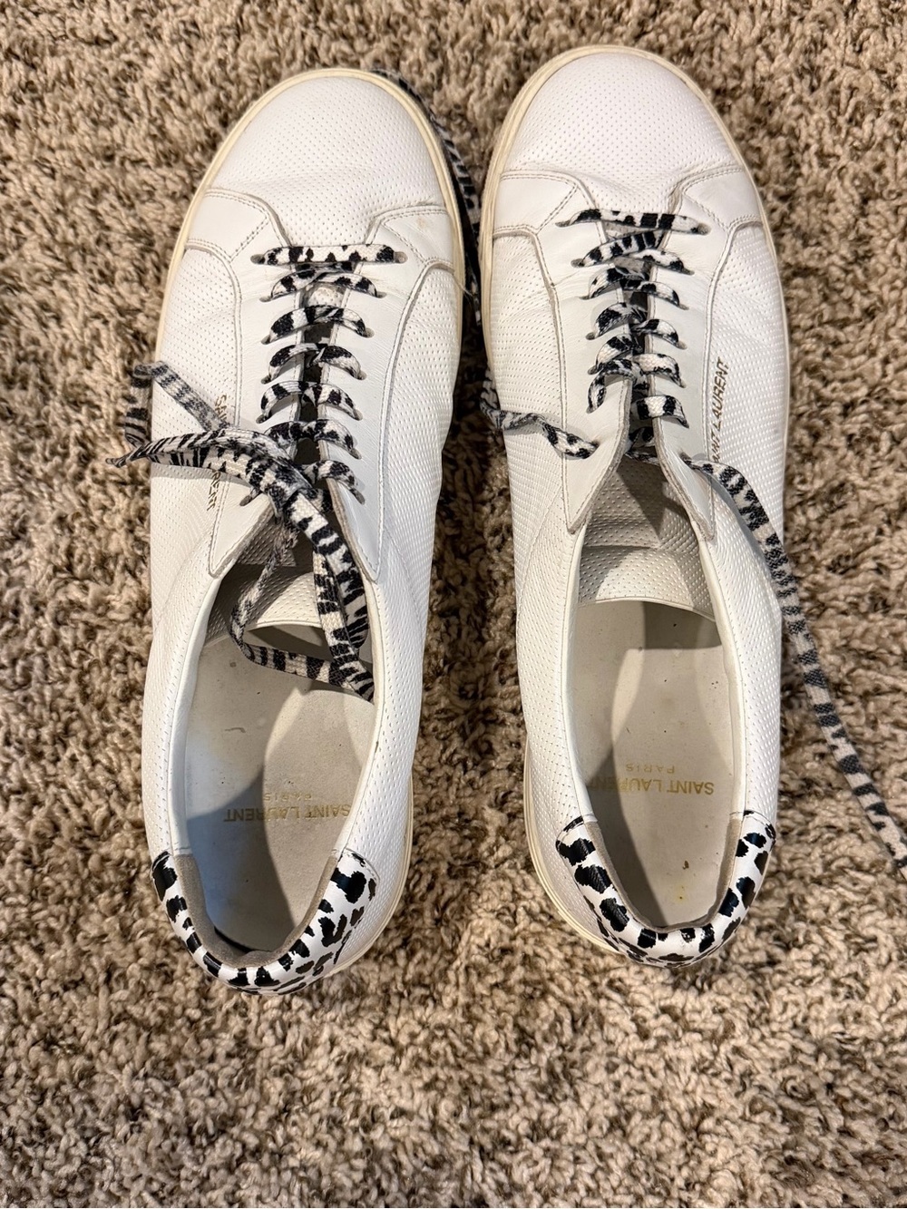 Saint Laurent White Leather Sneakers with Black Leopard-Print Details
